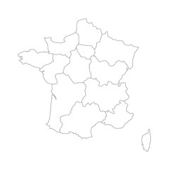 Outline map of France divided into 13 administrative metropolitan regions, since 2016. Four shades of green. Vector illustration.