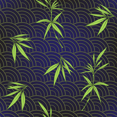 Fototapeta na wymiar Seamless pattern with bamboo leaves and branches in Japanese sty