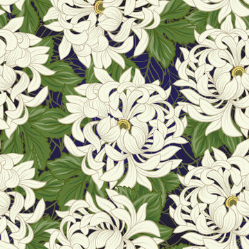Seamless pattern with white chrysanthemum in Japanese style. Vec