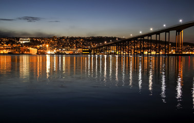 Fototapeta na wymiar Tromsoe Bridge at Night, Norway, Europe