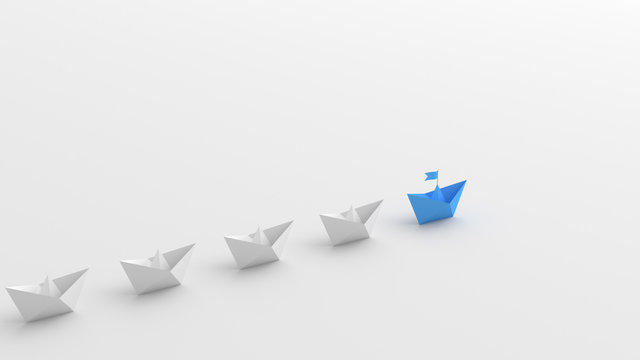 Leadership, blue leader boat leading white boats, on white background. 3D Rendering.