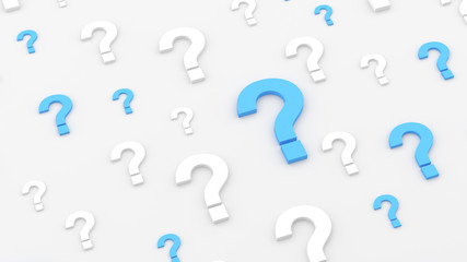 Blue and white question marks background. 3D rendering