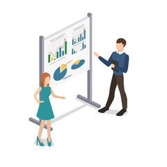 Isometric 3D vector illustration Business seminar with a presentation on marketing. Training on business. Motivational lecture for people.