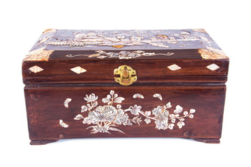 Front of old chinese chest box isolated on white background.Old chinese treasure wooden box isolated