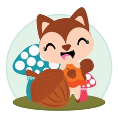 Cute squirrel girl finds big nut on colorful mushroom vector cartoon illustration for Autumn card design, wallpaper and kid t-shirt design