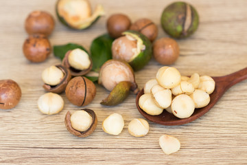 Closeup view of natural macadamia oil and Macadamia nuts on wooden board. Healthy food