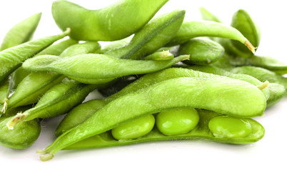 Green soybeans isolated on white background.