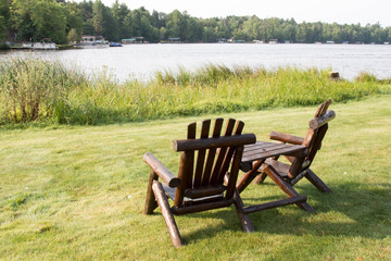 Two wooden Adirondack chairs in Eagle River, Wisconsin