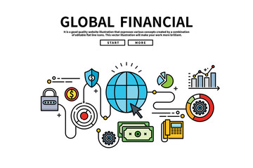 Flat line vector editable graphic illustration, business finance concept, Global financial