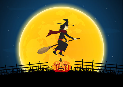 Halloween witch on broom moon pumpkin graveyard