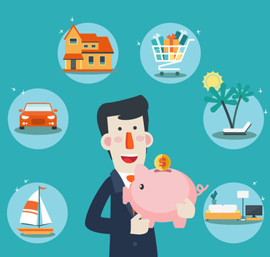 Happy, successful, smiling businessman with a piggy bank. 6 icons: house, car, yacht, shopping cart, furniture and holiday vacation. Saving and investing money. Future financial planning concept