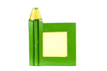 Green vintage wooden education picture frame with pencil symbol isolated