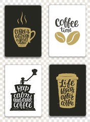 Set of modern cards with coffee elements and lettering. Trendy hipster templates for flyers, invitations, menu design. Black, white and golden colors. Modern calligraphy vector illustration.