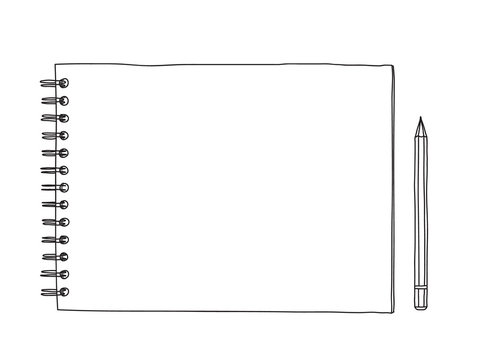 notebook and  pencil hand drawn vector line art illustration