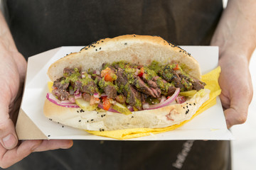 Sliced Grilled Meat in Black Sesame Seed Bread Sandwich