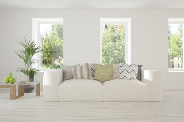 Idea of white room with sofa and summer landscape in window. Scandinavian interior design. 3D illustration