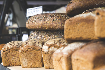 Closeup of Sourdough and Rye Bread Loaves in Street Market