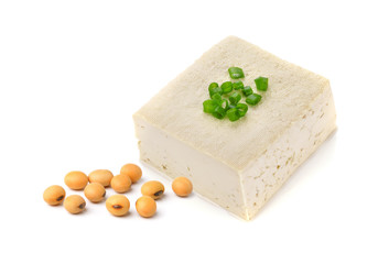 tofu cheese and soy beans on white background