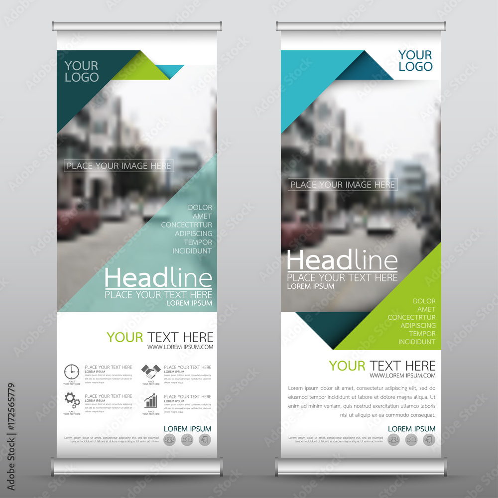 Sticker roll up business banner design vertical template vector, cover presentation abstract geometric backg