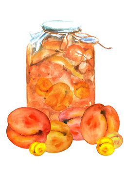 Watercolor drawing. Bank with jam, compote. Berry jam, cherry, sea-buckthorn, pieces of pear, apple.Fruits peach, apricot, plum, berry. Drawing on white isolated background.