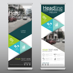 Roll up business banner design vertical template vector, cover presentation abstract geometric background, modern publication display and flag-banner, layout in rectangle size.