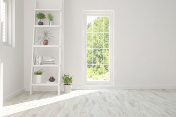 White empty room with summer landscape in window. Scandinavian interior design. 3D illustration