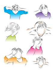 A set of color illustrations on the theme of a headache. Colored vector illustration of a headache, migraine, stroke, cold, flu.