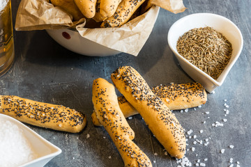 Home made salty pastry with salt and poppy seeds. Excellent as a complement to beer