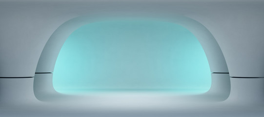 Abstract interior design of modern showroom with empty white floor and smooth blue wall background, Future architecture or alien house - Stage 3d illustration