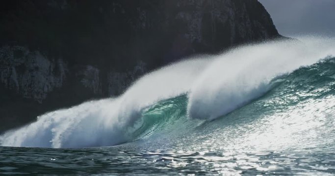 Beautiful ocean wave breaking in slow motion in New Zealand.