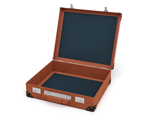3d rendering of an open brown vintage suitcase with nothing inside on white background.