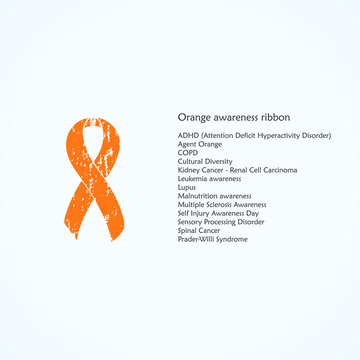 Orange painted awareness ribbon. ADHD, Attention Deficit Hyperactivity Disorder, COPD, Isolated icon. List of meanings, symbol, name of color.
