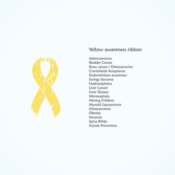 Yellow painted awareness ribbon. Bladder Cancer, Endometriosis, Hydrocephalus, Liver Disease, Missing Children, Microcephaly. Isolated icon. List of meanings, symbol, name of color.