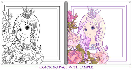 Young nice girl with long hear with princess crown in the garden