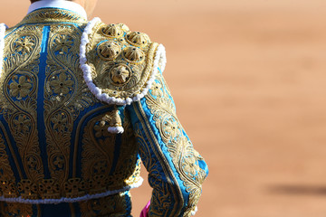 Torero en la plaza con el toro bravo