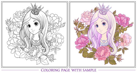 Young nice girl with long hear with princess crown in the garden