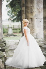 Obraz premium Beautiful luxury young bride in wedding dress posing in park