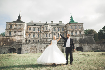 Amazing happy gentle stylish beautiful romantic caucasian couple on the background ancient baroque castle