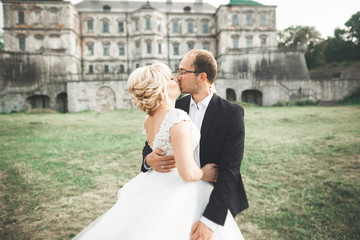Beautiful romantic wedding couple of newlyweds hugging near old castle
