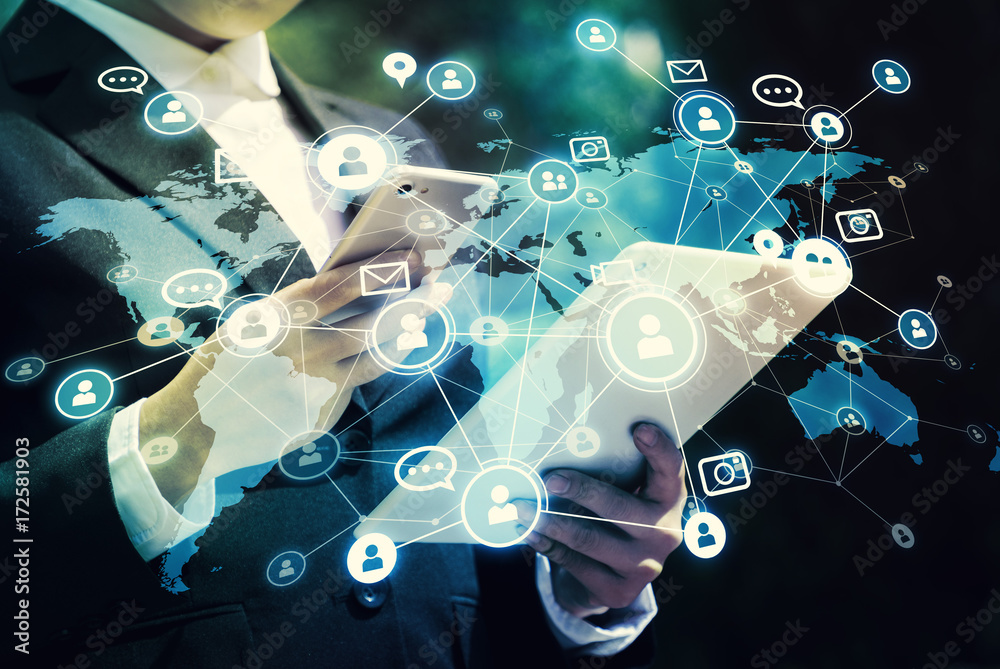 Poster Social networking service concept. Global communication network.