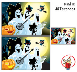 Halloween party with ghosts, cat, pumpkin, moon and a little witch on a broom. Find 10 differences. Educational game for children. Cartoon vector illustration