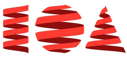 Set 3D ribbon strip, centered on the geometric shapes sphere , cylinder and cone, vector logo or holiday decoration for website or mobile app, easy edit color