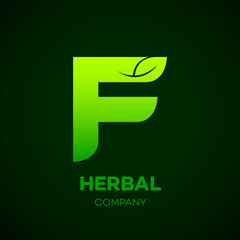  Letter F Green leaf, Herbal, Pharmacy, organic, natural, bio and eco friendly vector illustration