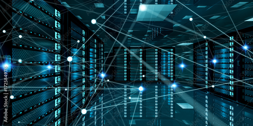 Poster abstract network on server room data center 3d rendering