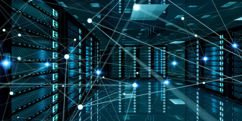 Abstract network on server room data center 3D rendering