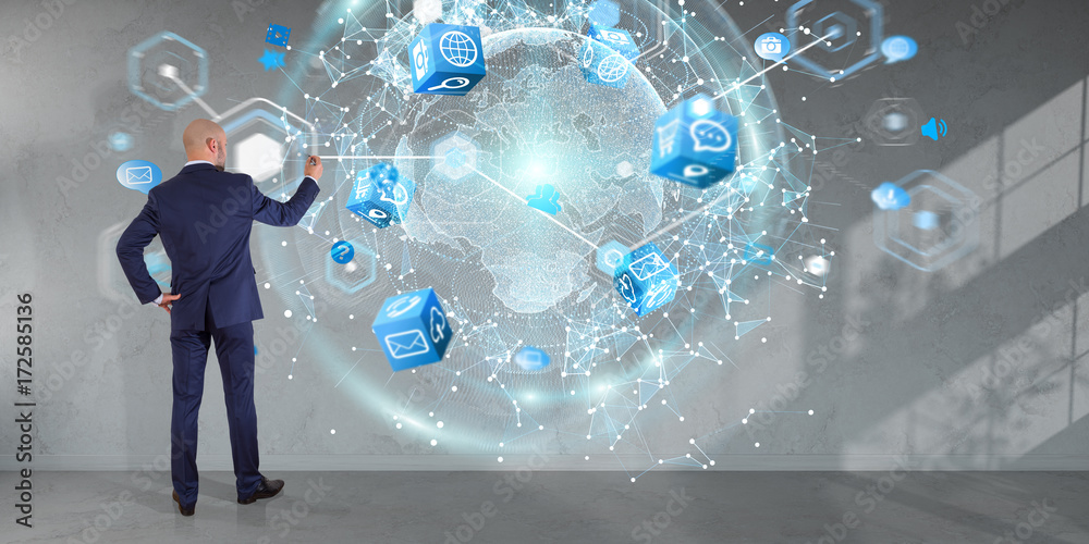 Poster businessman using digital planet earth interface on a wall 3d rendering