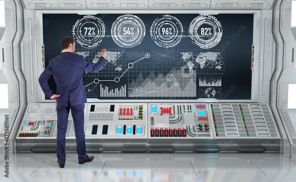 Poster Businessman using graph screens interface on a board 3D rendering