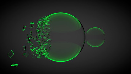 Two balls, one of them broken, with splinters. With green light. 3D render