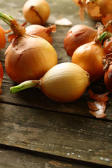 Brown onions on green wood