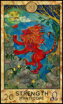 Strength. Manticore. Red beast. Fantasy Creatures Tarot full deck. Major arcana